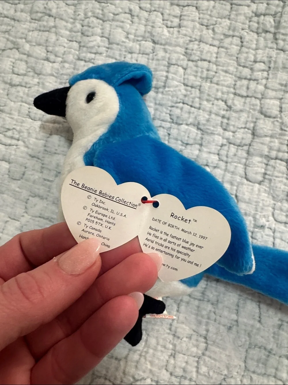 Ty beanie baby ROCKET Blue & White Plush Bird with Black Beak and Feet